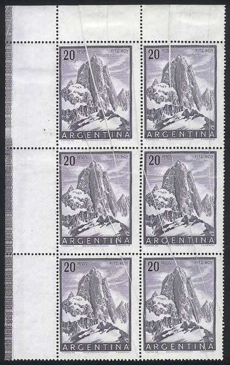 ARGENTINA GJ.1055, 20P. Fitz Roy, Corner Block Of 6 With MANY PAPER FOLDS, Fant - Andere & Zonder Classificatie