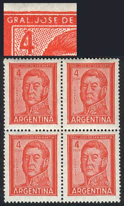 ARGENTINA GJ.1139, 1959/64 4P. San Martín, Block Of 4 With RETOUCH In The Dotte - Andere & Zonder Classificatie
