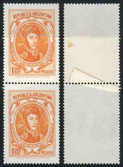 ARGENTINA GJ.1537, 1970/3 $1.20 San Martín, Pair With PAPER OVERLAP Variety, VF - Andere & Zonder Classificatie