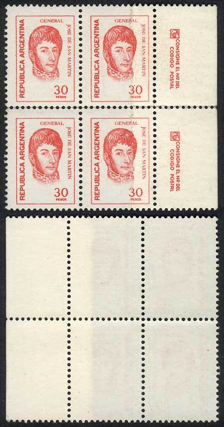 ARGENTINA GJ.1751, 1977/8 30P. San Martín, Block Of 4 With PAPER OVERLAP Variet - Andere & Zonder Classificatie