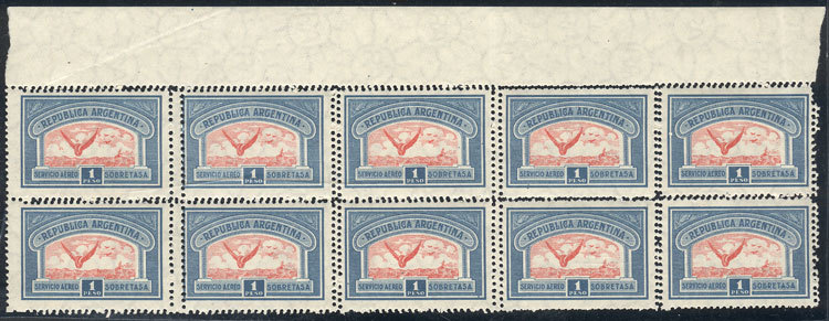 ARGENTINA GJ.650, 1928 1P., Block Of 10 With Complete DOUBLE PERFORATION Var., - Luchtpost