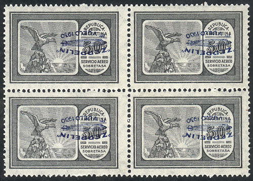 ARGENTINA GJ.661a, 1930 Zeppelin 50c. With Blue INVERTED Overprint, Beautiful M - Luchtpost