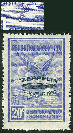 ARGENTINA "GJ.665c, Zeppelin 20c. With Green Overprint, WITH VARIETY: ""Retouch - Luchtpost