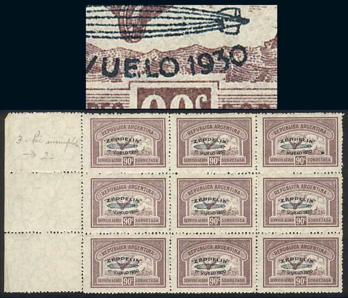 ARGENTINA "GJ.667, 1930 90c. Zeppelin With Green Overprint, Marginal Block Of 9 - Luchtpost