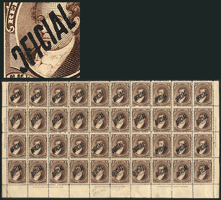 ARGENTINA "GJ.15 + 15b, 1884 Moreno 4c., Fantastic Block Of 40 Stamps (lower Pa - Dienstzegels