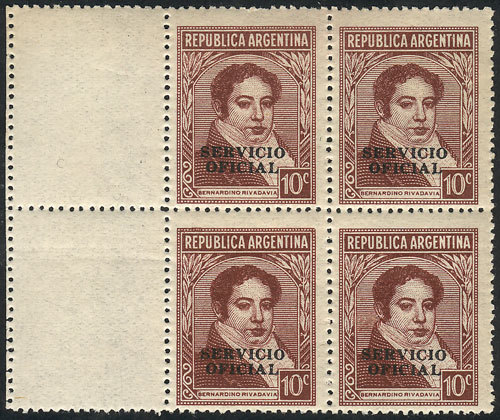 ARGENTINA GJ.662CZ, Rivadavia 10c. Unwatermarked, Thick Canadian Paper, Block O - Dienstzegels