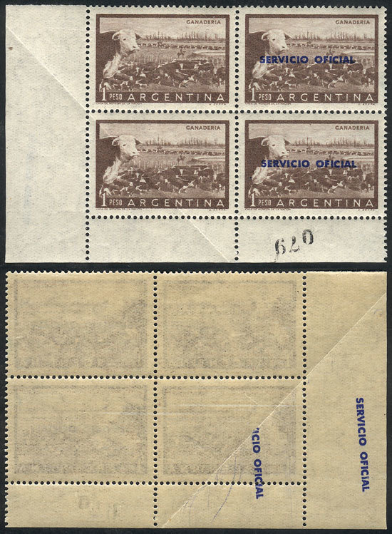 ARGENTINA GJ.716b, 1P. Cattle, Block Of 4 WITH AND WITHOUT OVERPRINT Var., Prod - Dienstzegels