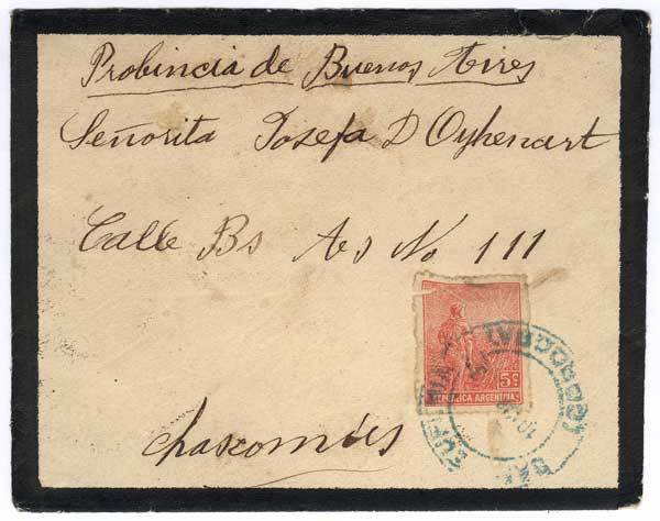 ARGENTINA Mourning Cover Franked With 5c. Plowman (with Defects), Sent To Chasc - Andere & Zonder Classificatie