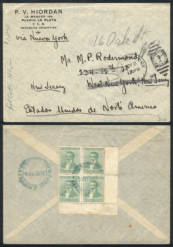 ARGENTINA Cover Sent From PUERTO LA PLATA To USA On 30/SE/1916, Franked On Back - Andere & Zonder Classificatie