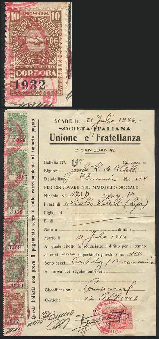 ARGENTINA "CORDOBA: Receipt Of The Italian Association ""Unione E Fratellanza"" - Autres & Non Classés