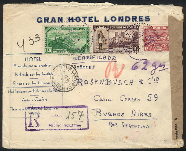 BOLIVIA "Cover With Corner Card Of ""Gran Hotel Londres"", Sent By Registered M - Bolivië