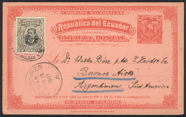 ECUADOR 2c. Postal Card Uprated With 1c., Sent From ESMERALDAS To Buenos Aires - Ecuador