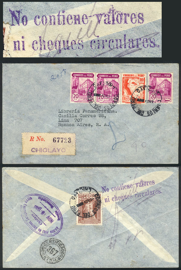 PERU "Registered Airmail Cover Sent From Chiclayo To Buenos Aires On 8/NO/1940, - Peru