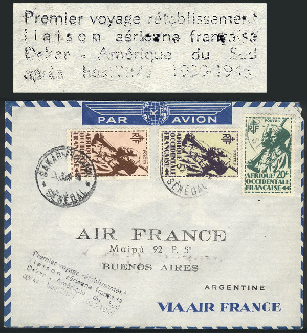 SENEGAL 7/JUN/1946 Dakar - Buenos Aires: Cover Flown On The First Flight Re-est - Senegal (1960-...)