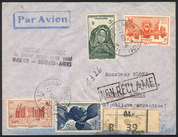 SENEGAL 7/MAR/1948 Dakar - Buenos Aires: Registered Cover With Special Handstam - Senegal (1960-...)