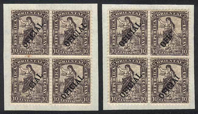 URUGUAY "Year 1907, 10c. Violet, 2 Blocks Of 4 With Incomplete Overprint VARIET - Uruguay