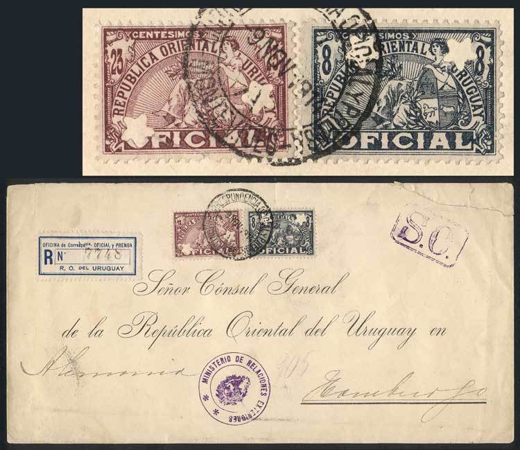 URUGUAY Registered Cover Sent To Germany On 9/NO/1914, Franked By Sc.113 + O115 - Uruguay