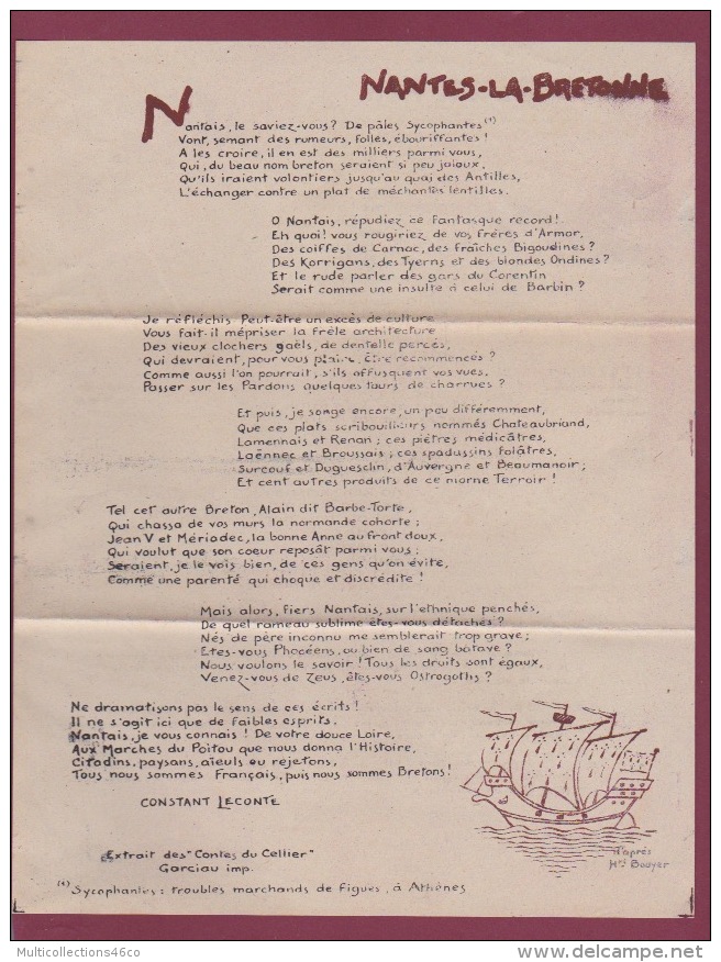 080917 BRETAGNE Folklore Breton - CERCLE CELTIQUE De NANTES Correspondance PAQUES 1946 Cloche Dessin H BOUYER - Bretagne