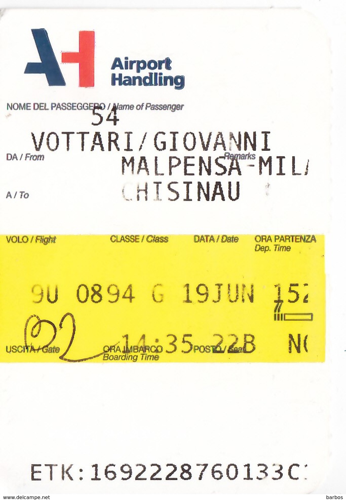 2017 ,  Airport Handling , Malpensa Milano - Chisinau , Used - Europa