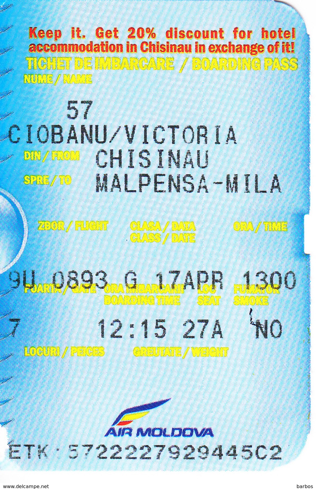 2017 , Air Moldova , Avion Ticket , Boarding Pass.,  Chisinau -  Malpensa Milano, Used - Europa