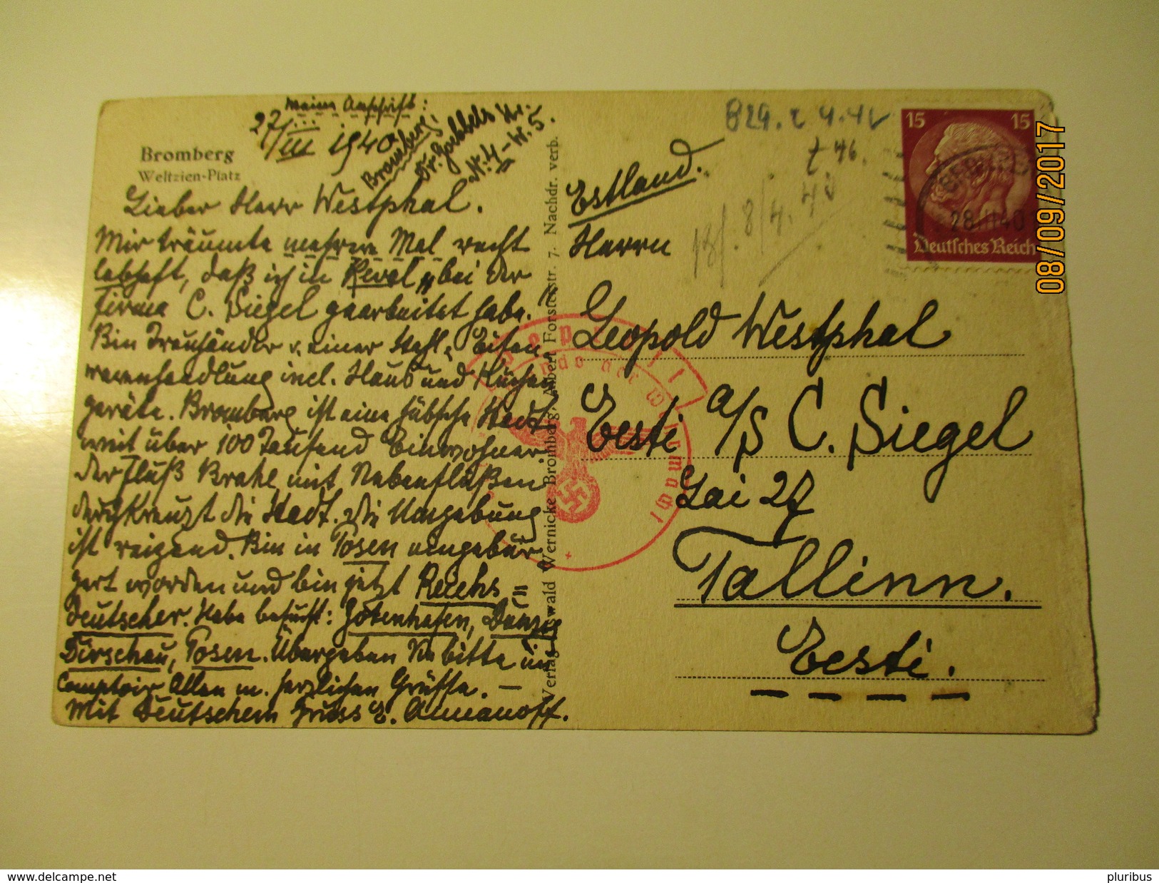 POLAND 1940 BYDGOSZCZ BROMBERG WELTZIEN PLATZ , WEHRMACHT CENSORED TO ESTONIA   , OLD POSTCARD , KO - Other & Unclassified