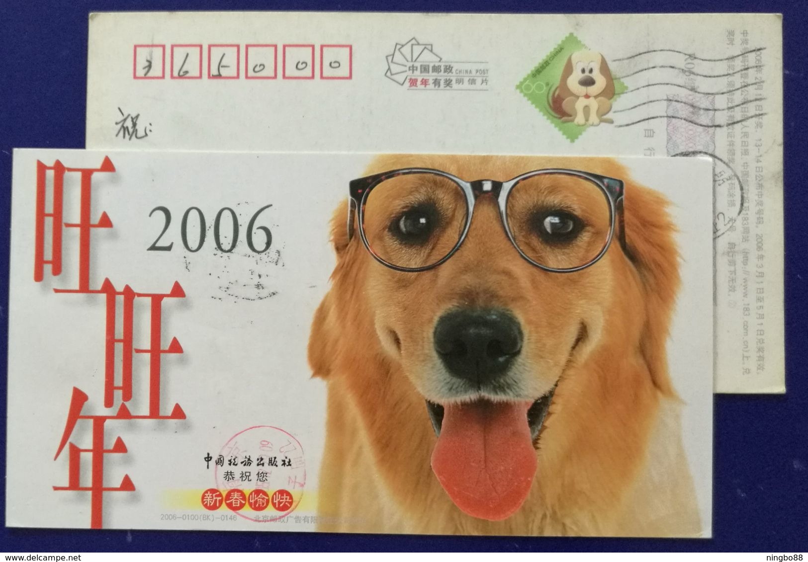 Pet Dog,glasses,China 2006 Lunar New Year Of Dog Year Advertising Pre-stamped Card - Cani