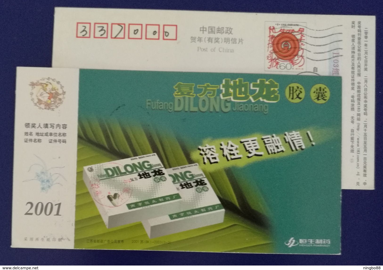 Compound Earthworm Capsule For Thrombolysis,China 2001 Nanjing Hengsheng Pharmaceutical Factory Advert Pre-stamped Card - Pharmacy