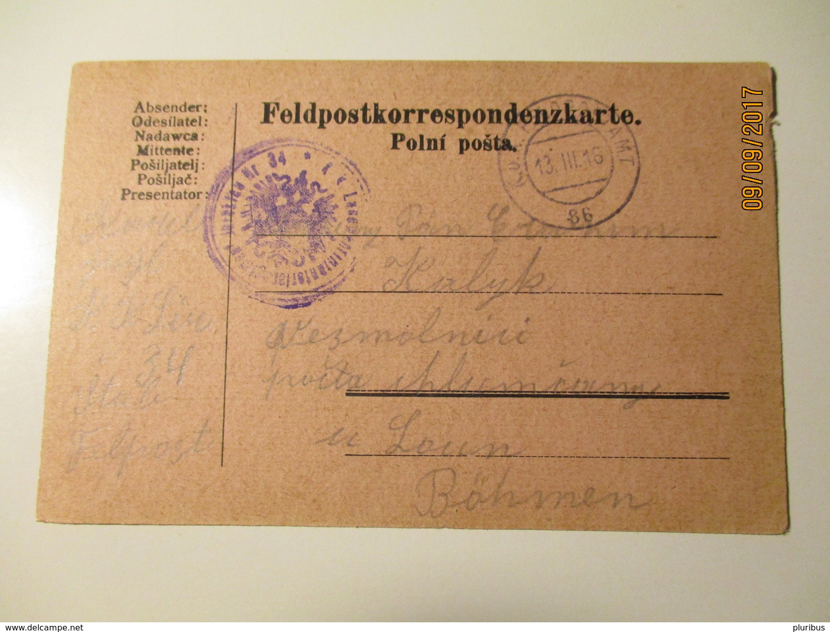 GERMANY 1916 FELDPOST STATION 36 ,  REGIMENT 34 , FELDPOSTKORRESPONDENZKARTE POLNI PO&Scaron;TA , OLD POSTCARD , KO - Sonstige & Ohne Zuordnung