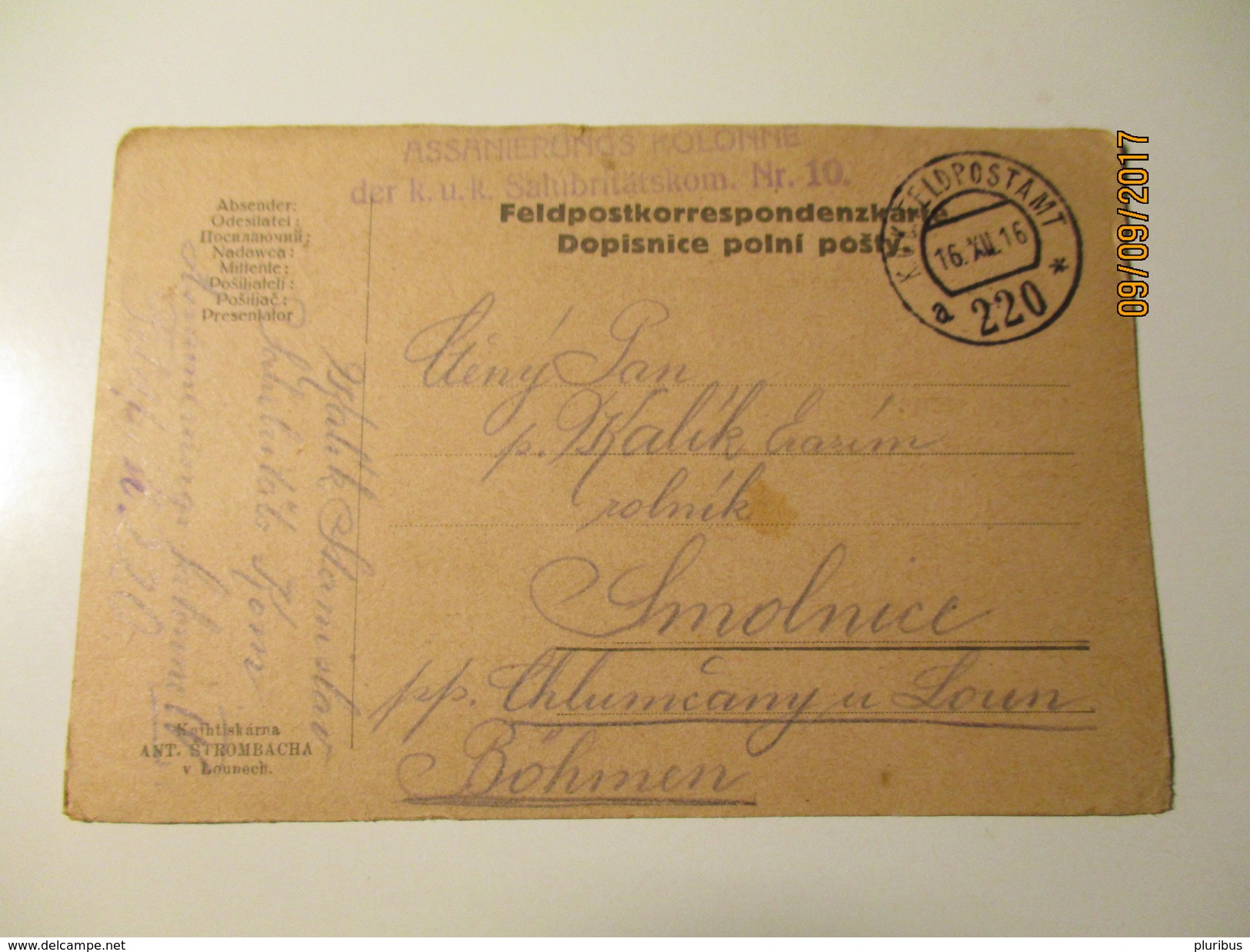 GERMANY 1916 FELDPOSTAMT 220 ASSANIERUNGS KOLONNE SALUBRITÄTSKOM 10 ,   FELDPOSTKORRESPONDENZKARTE  , KO - Autres & Non Classés
