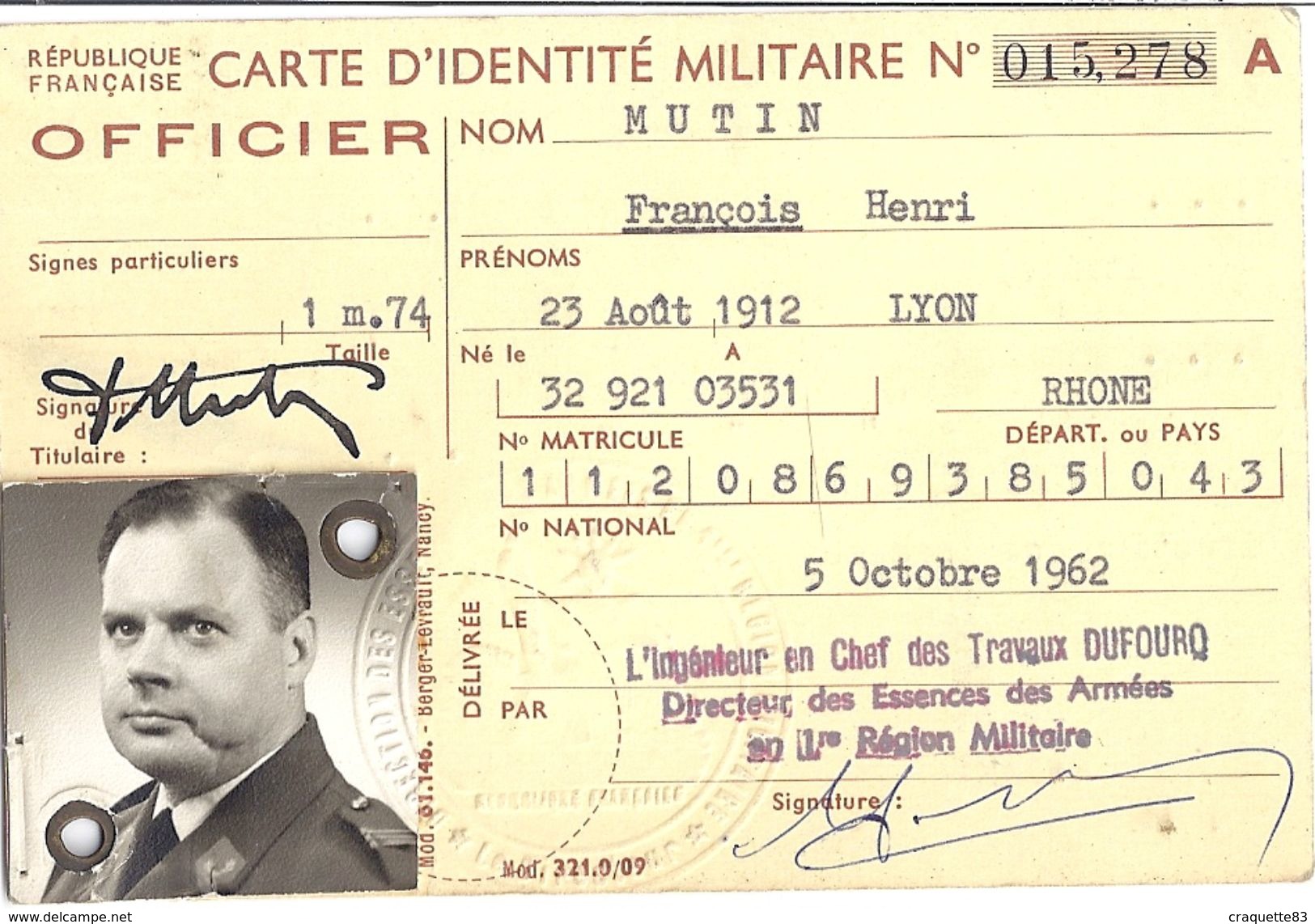 CARTE D'IDENTITE MILITAIRE N°015,278 -ARMEE DE TERRE  OFFICIER    1962    ORAN - Documents