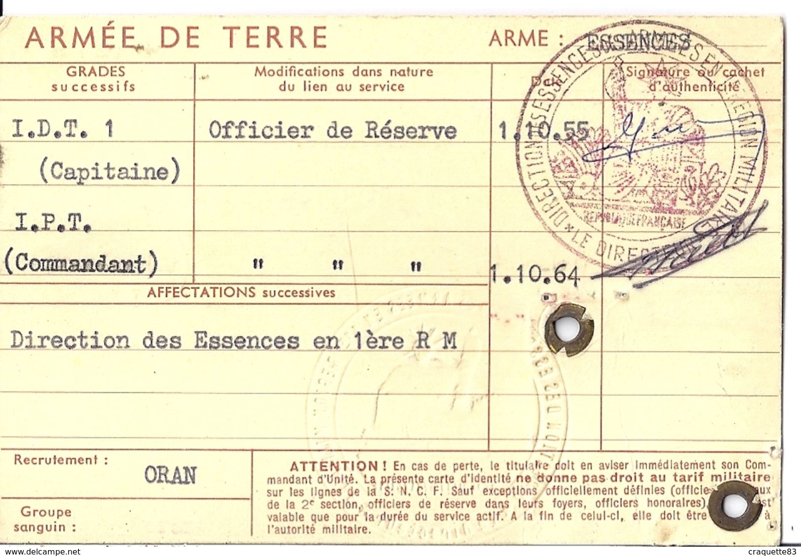CARTE D'IDENTITE MILITAIRE N°015,278 -ARMEE DE TERRE  OFFICIER    1962    ORAN - Documents