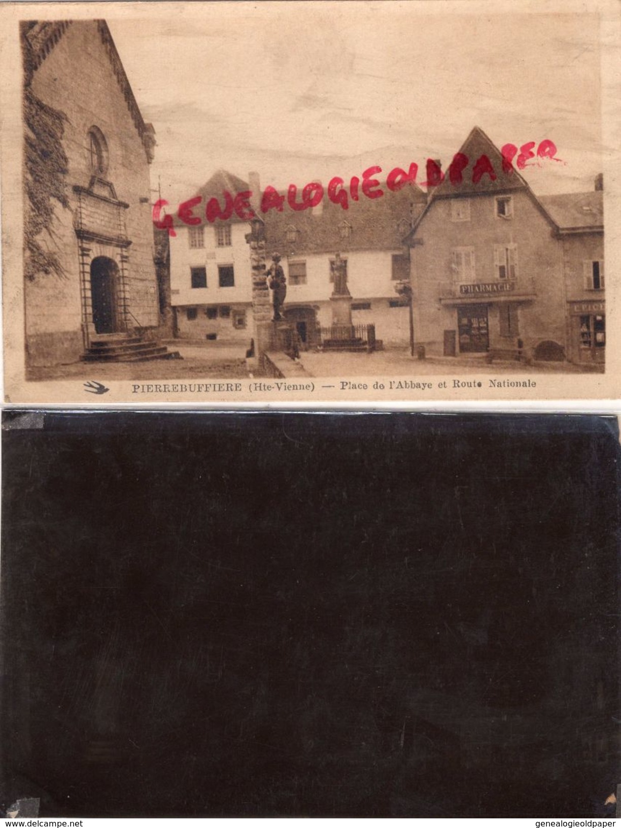 87 - PIERRE BUFFIERE-PLACE ABBAYE ROUTE NATIONALE- EDITEUR VVE GROSJEAN- RARE AVEC LE NEGATIF ORIGINAL TERRASSON LIMOGES - Pierre Buffiere