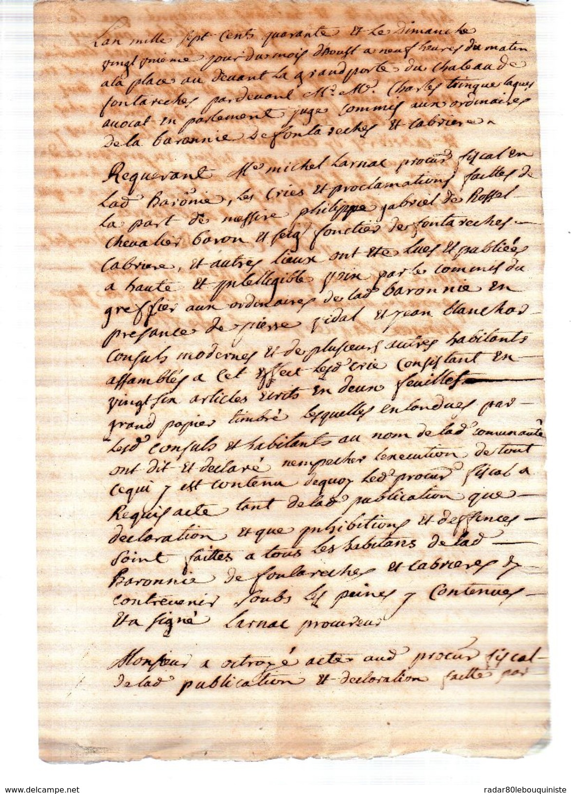 PHILIPPE GABRIEL DE ROSS.Chevalier Baron Et Seigneur Foncier De Fontarèches,Cabriere Et Autres Lieux.2 Pages Manus.1740. - Documents Historiques