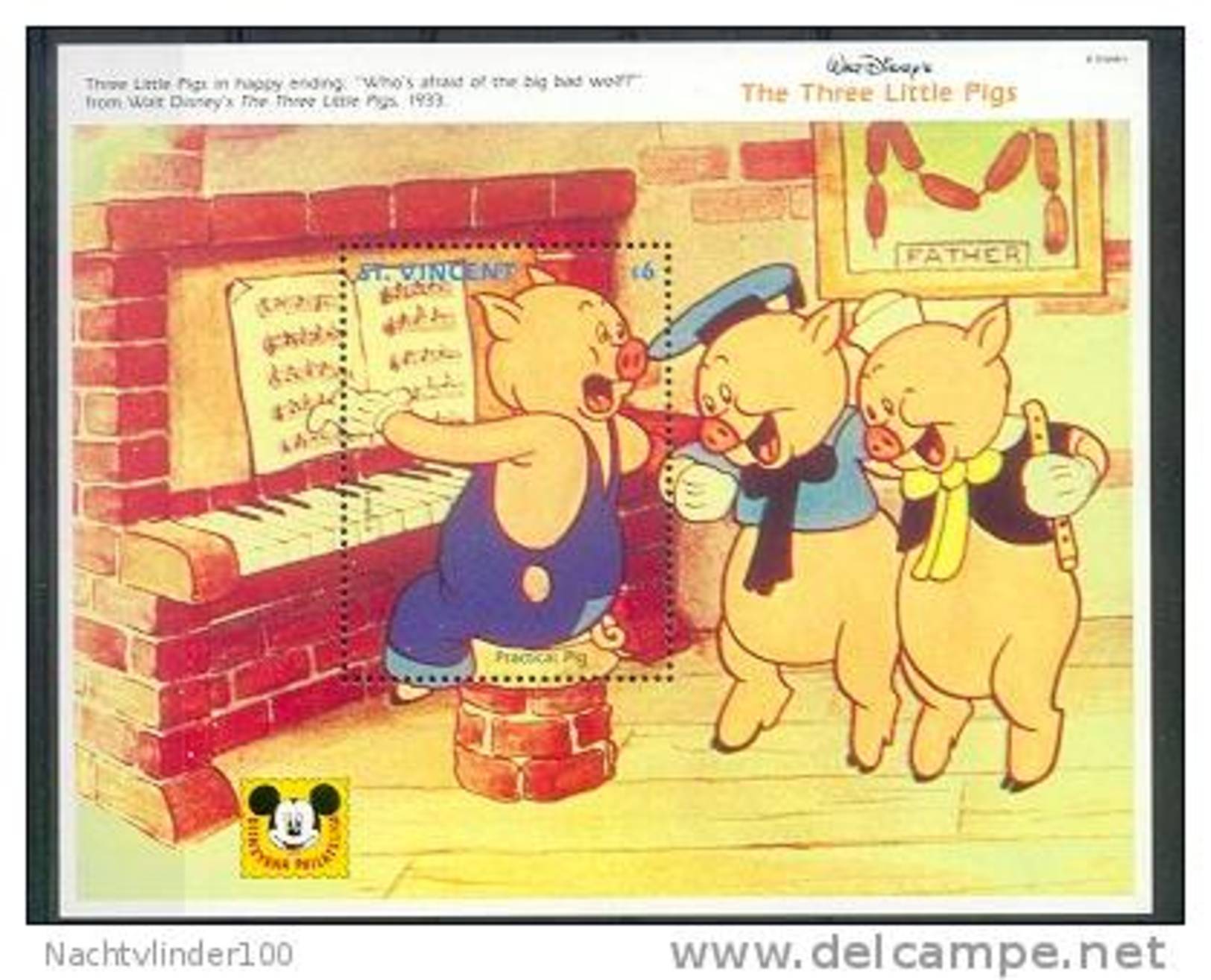 NctD802 WALT DISNEY DRIE BIGGETJES MUZIEK PIANO PIGS MUSIC ST. VINCENT 1992 PF/MNH - Disney