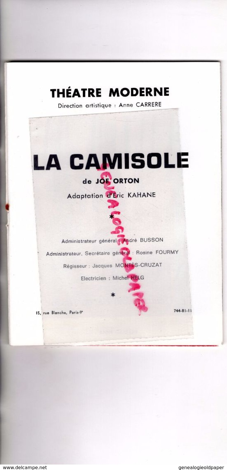 75 - PARIS - PROGRAMME THEATRE MODERNE- LA CAMISOLE-JOE ORTON- CARRERE-ERIC KAHANE-DARRAS-GIRAUDEAU-MAZZOTTI-DUFILHO- - Programmes