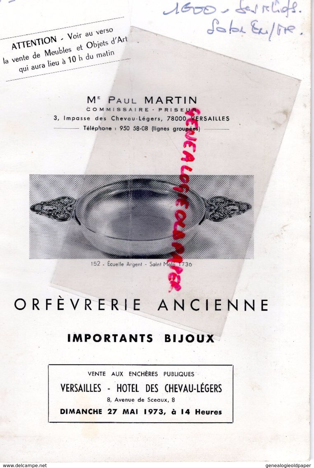 78- VERSAILLES- CATALOGUE VENTE ME PAUL MARTIN- ORFEVRERIE -BIJOUX-MEUBLES -TAPISSERIE AUBUSSON-HOTEL CHEVAU LEGERS-1973 - Programme