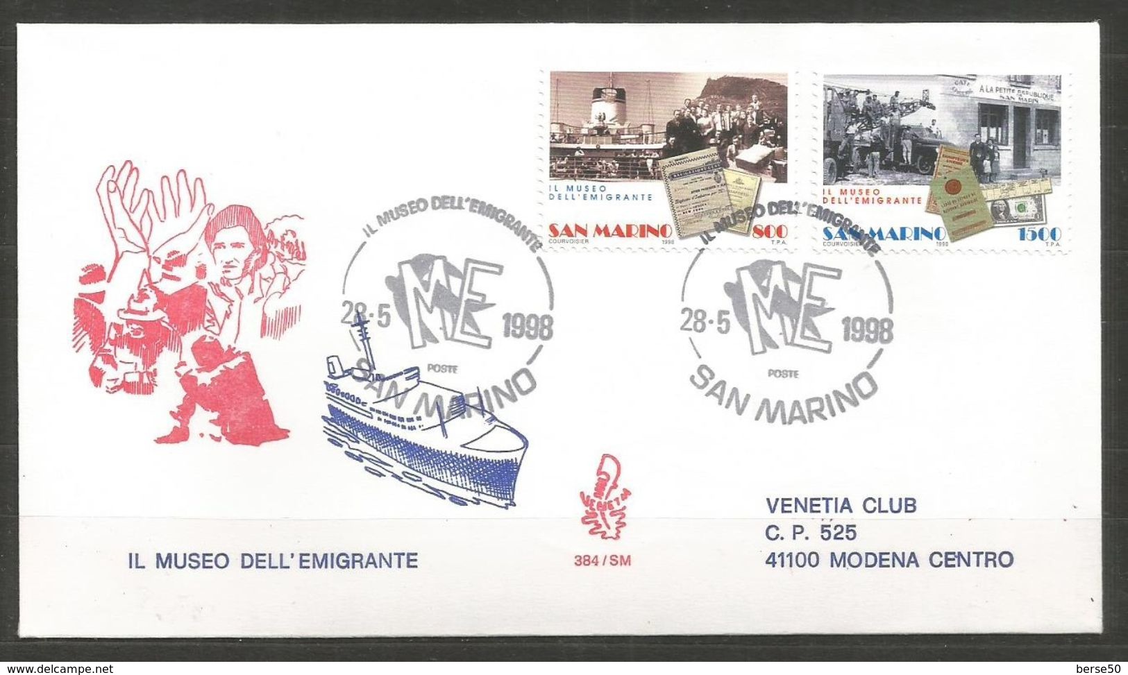 1998 EMIGRANTI San Marino FDC Venetia Vg - FDC