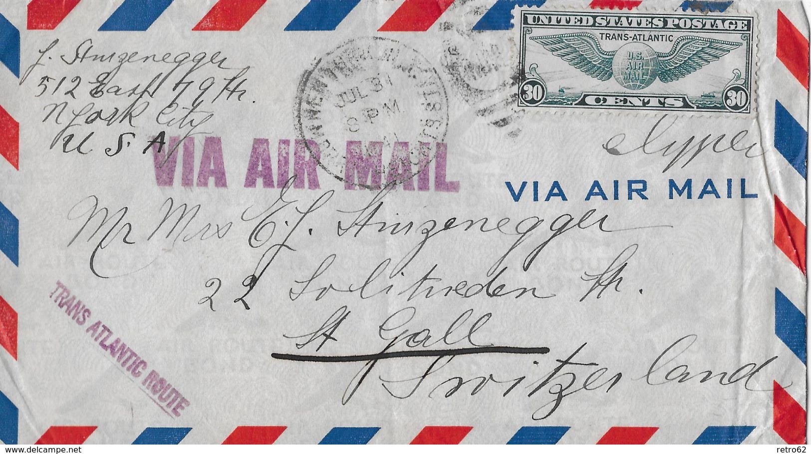 NEW YORK &rarr; Letter To Switzerland &#x25BA;Via Air Mail, Trans Atlantic Route 1941&#x25C4; - 2c. 1941-1960 Briefe U. Dokumente