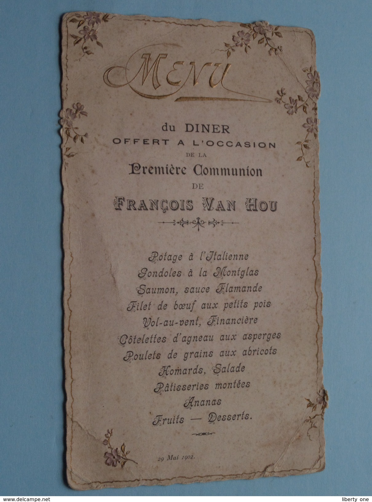 MENU Du Diner Offert A L'Occasion De La Communion De François VAN HOU - 29 Mai 1902 (Mme Gustaf Vanden Bussche) Bruges ! - Menus