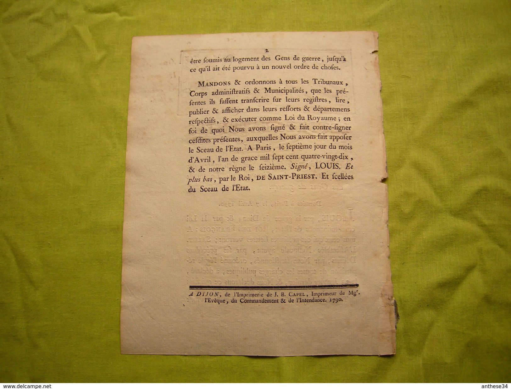 Lettres Patentes Du Roi Du 07/04/1790  Qui Assujettit Les Citoyens Au Logement Des Gens De Guerre - Documenti