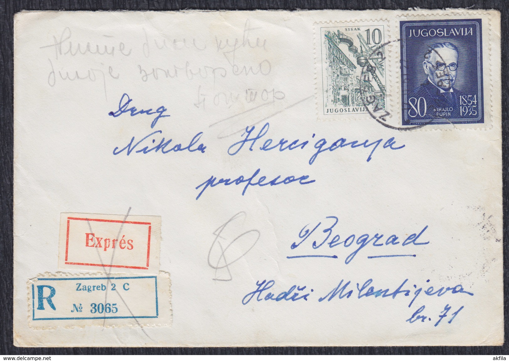 Yugoslavia 1961 Physician Mihajlo Pupin, Registered Letter Express, Zagreb - Beograd - Storia Postale