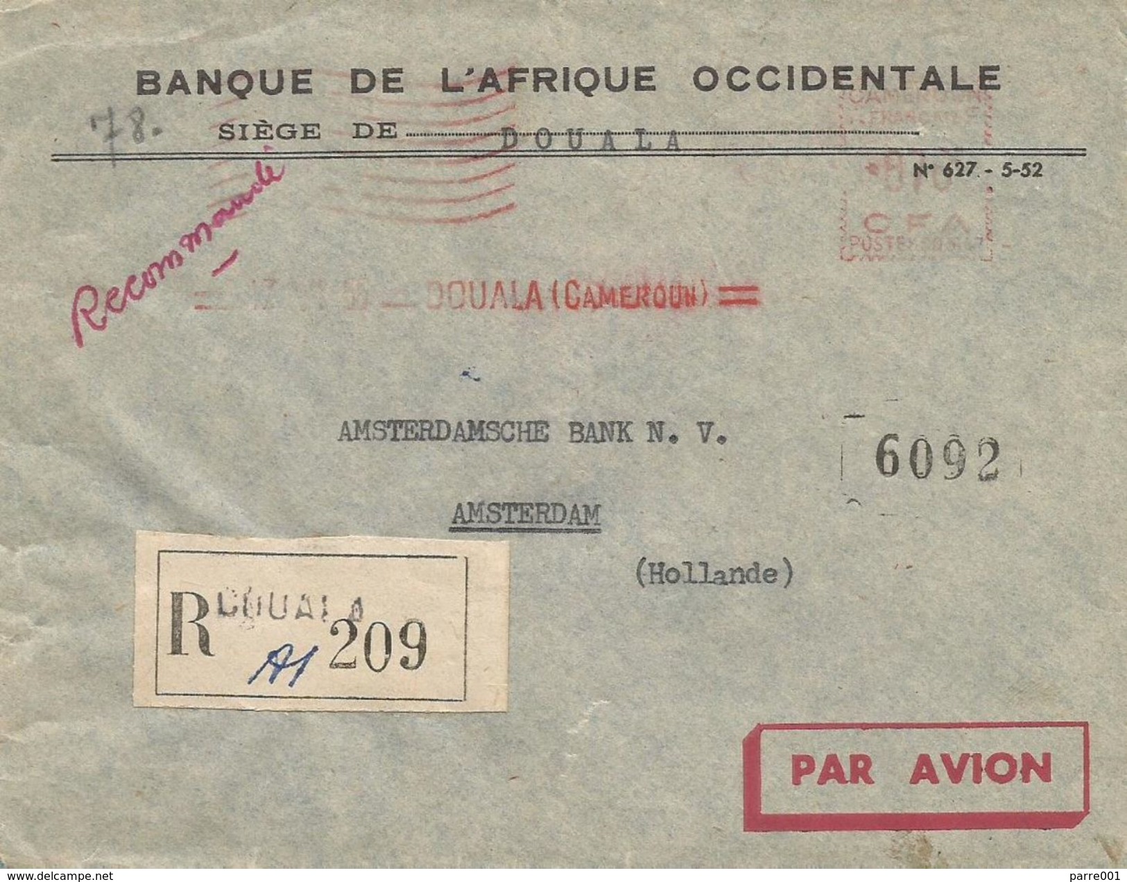 Cameroun 1955 Douala Banque De L'Afrique Occidentale Satas &ldquo;SD&rdquo; 3147 EMA Meter Registered Cover - Brieven En Documenten