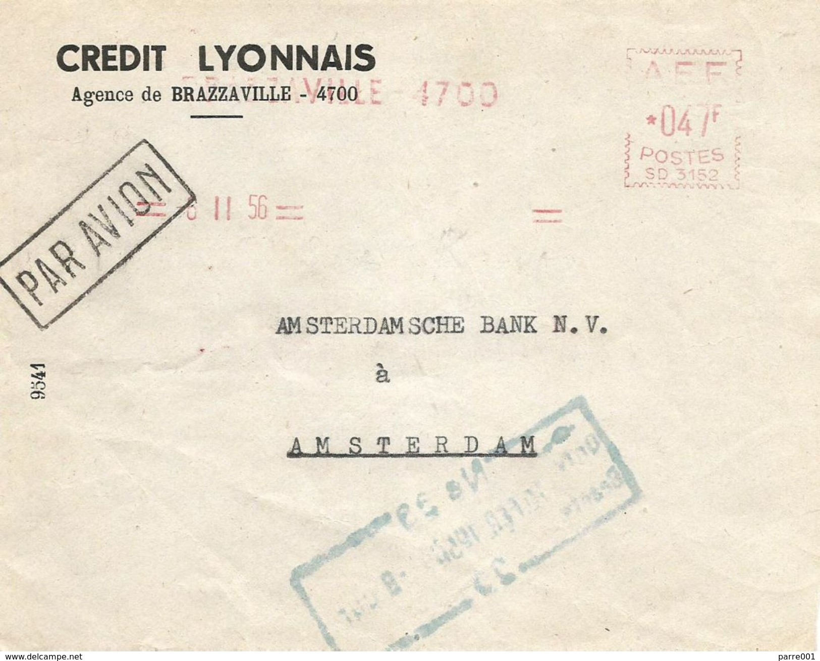 Congo AEF 1956 Brazzaville Credit Lyonnais Satas &ldquo;SD&rdquo; 3152 EMA Meter Cover - Brieven En Documenten