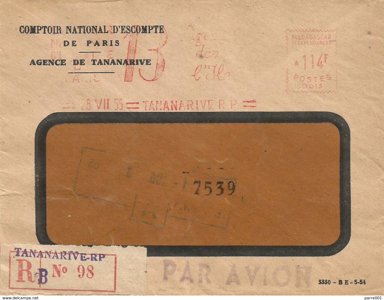 Madagascar 1955 Tananarive Comptoir Nationale D'Escompte Satas &ldquo;SD&rdquo; 015 EMA Meter Registered Cover - Brieven En Documenten