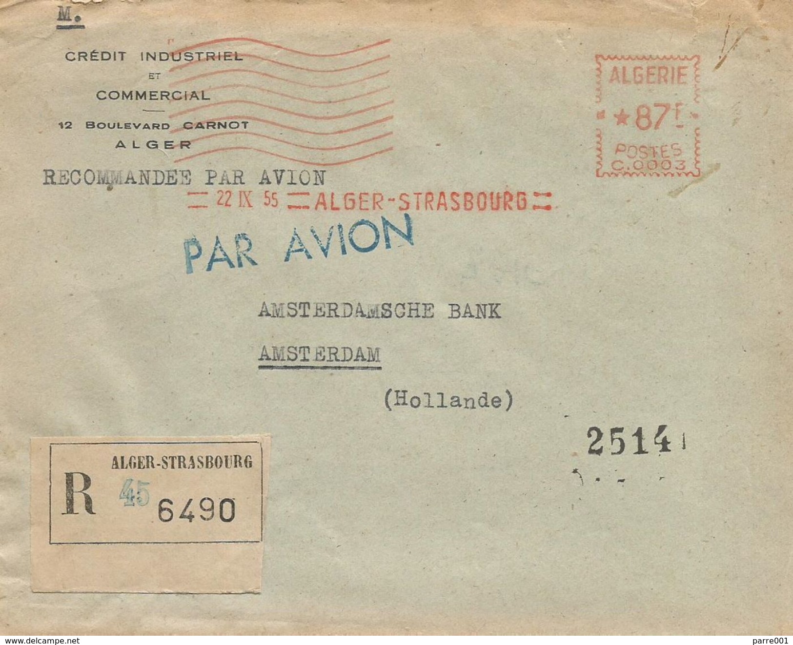 Algier Algeria 1955 Alge´-Strasbourg Credit Industriel Havas &ldquo;C&rdquo; 0003 EMA Meter Registered Cover - Brieven En Documenten