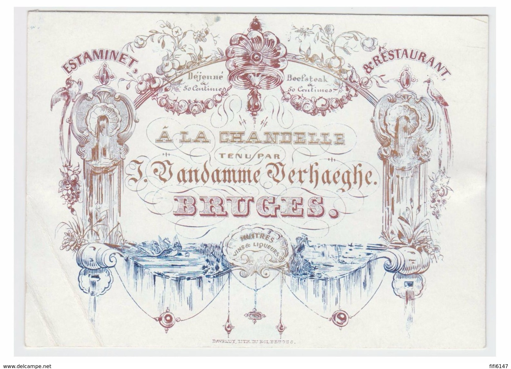 Carte Porcelaine Lithographiée (19e S) / Porseleinkaart /Bruges/ ESTAMINET RESTAURANT " A LA CHANDELLE " - Brugge