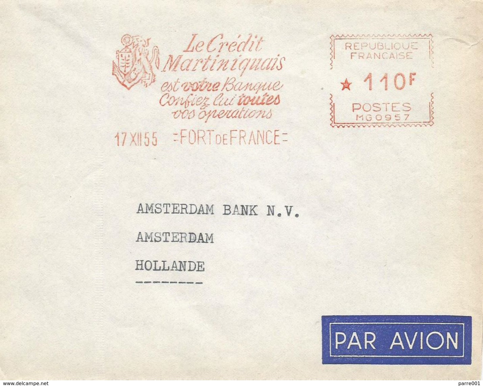 Martinique 1955 Fort De France Lion Heraldy Credit Martiniquais Lion Meter Franking Havas &ldquo;MG&rdquo; 0957 EMA Cove - Brieven En Documenten