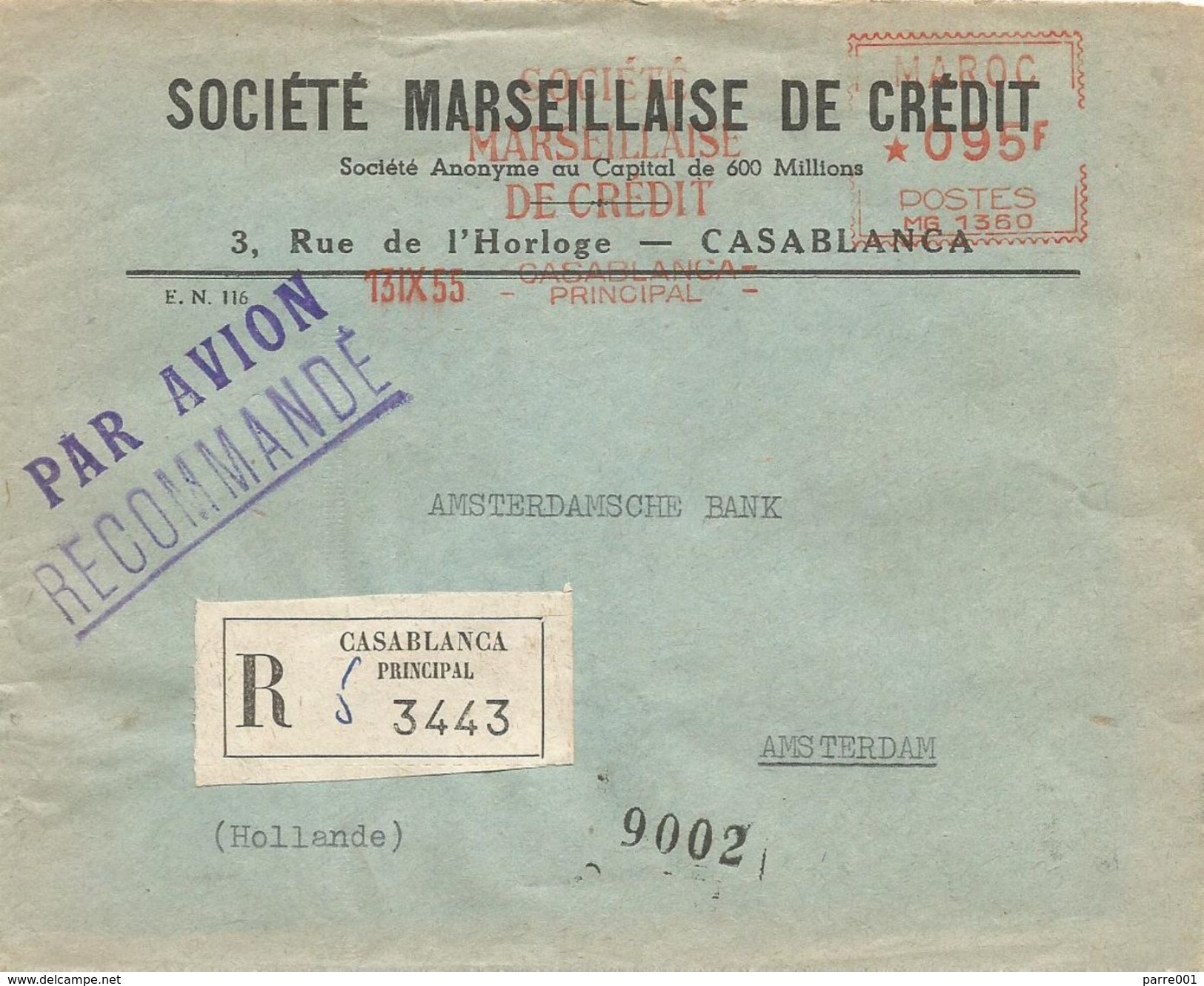 Maroc Morocco 1955 Casablanca SMC Havas &ldquo;MG&rdquo; 1360 EMA Meter Registered Cover - Brieven En Documenten