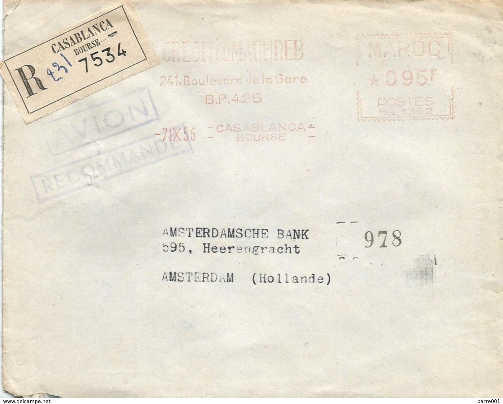 Maroc Morocco 1955 Casablanca Bourse Credit Maghreb Havas &ldquo;MG&rdquo; 1362 EMA Meter Registered Cover - Brieven En Documenten