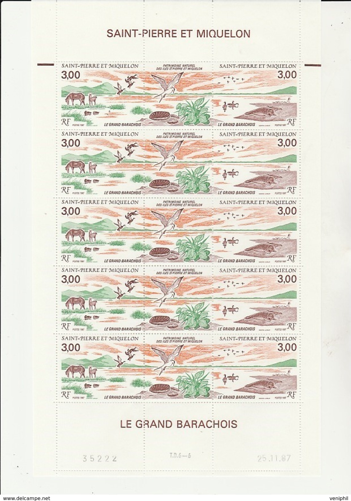 ST PIERRE ET MIQUELON - N° 485 A - FEUILLE DE 5 TRIPTYQUES NEUFS XX ET COIN DATE - ANNEE 1987 -  COTE : 27 &euro; - Ongebruikt